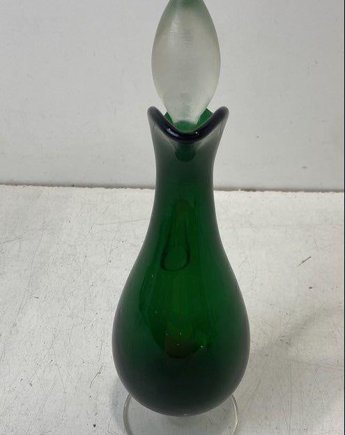 Vintage Emerald Green Glass Cruet Decanter with Clear Handle and Stopper