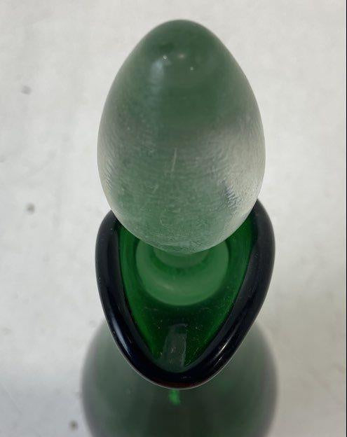 Vintage Emerald Green Glass Cruet Decanter with Clear Handle and Stopper