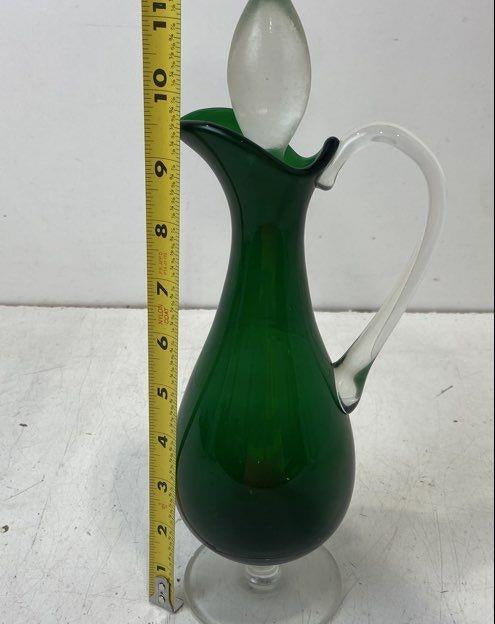Vintage Emerald Green Glass Cruet Decanter with Clear Handle and Stopper