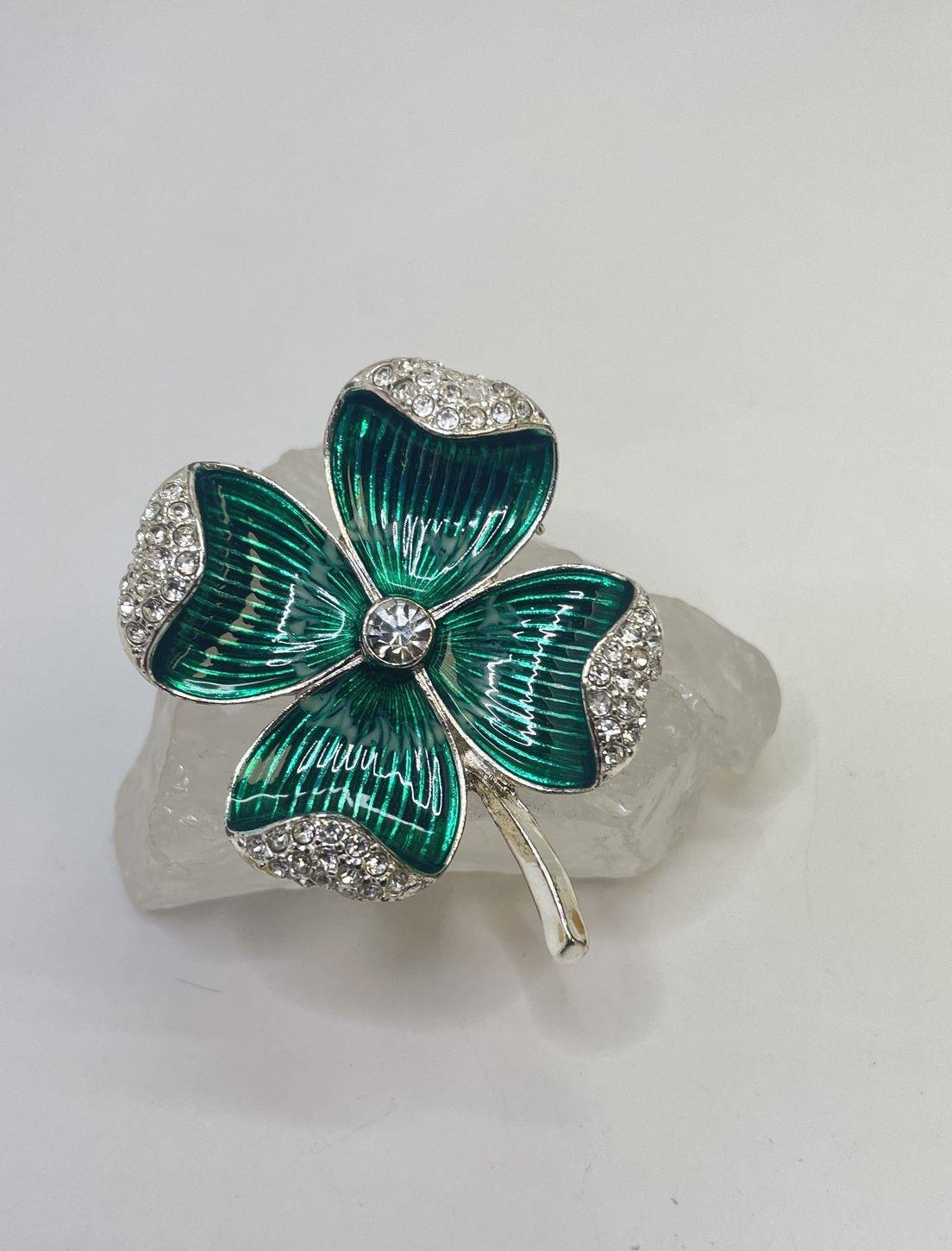 Napier Green Enamel Rhinestone Clover Brooch