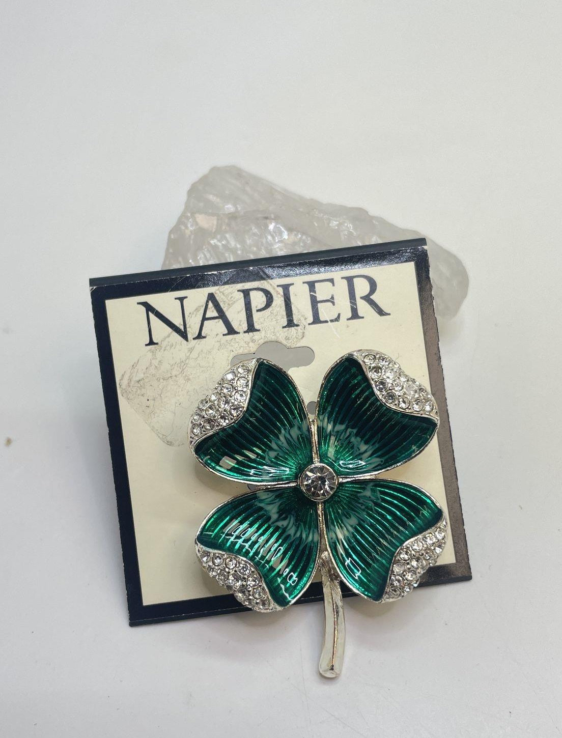 Napier Green Enamel Rhinestone Clover Brooch