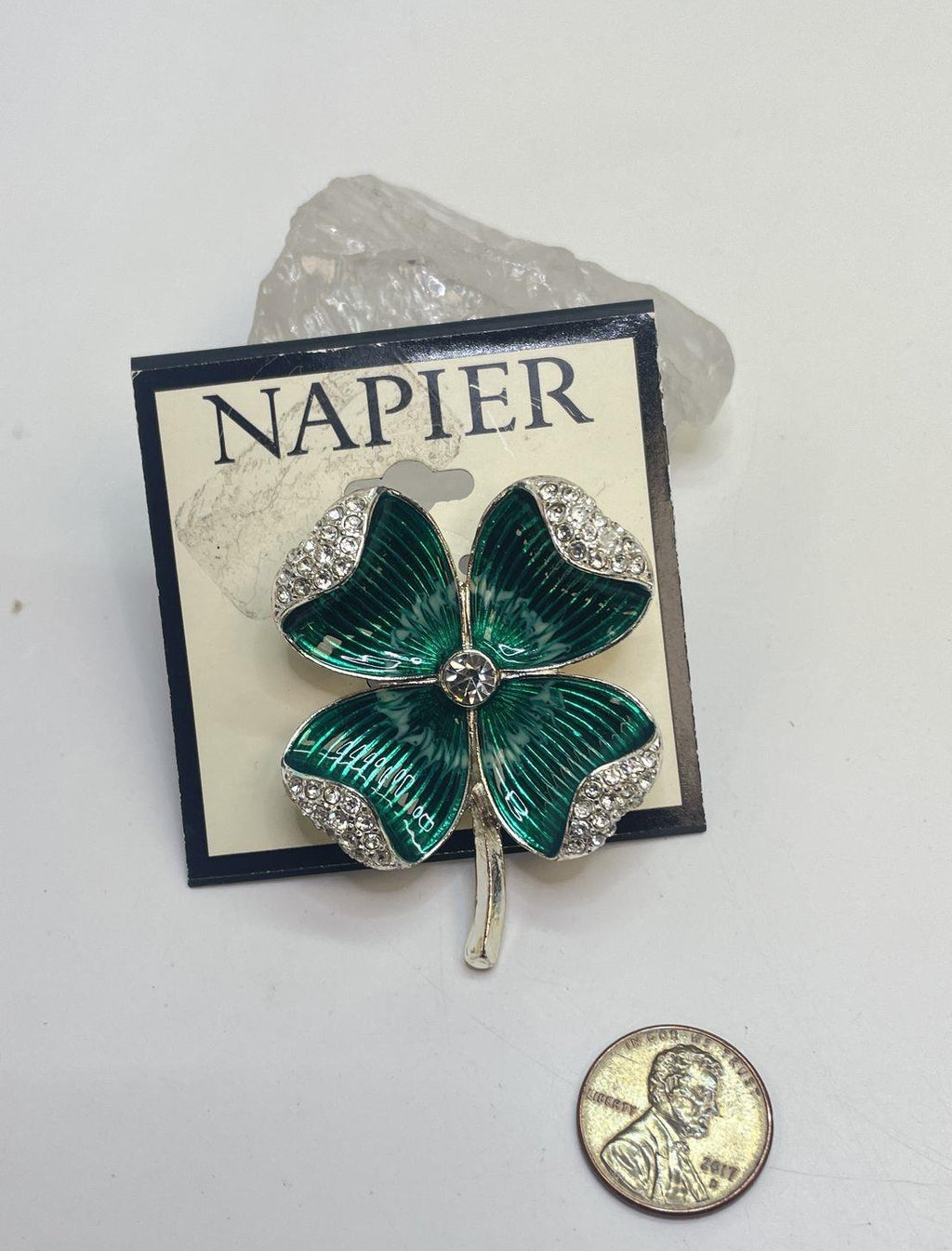 Napier Green Enamel Rhinestone Clover Brooch