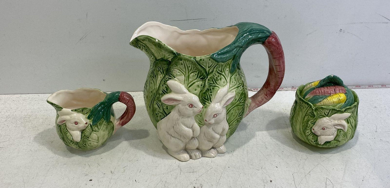 Bunny Lane Green Ceramic Cabbage Tea Set with Rabbit and Carrot Motifs