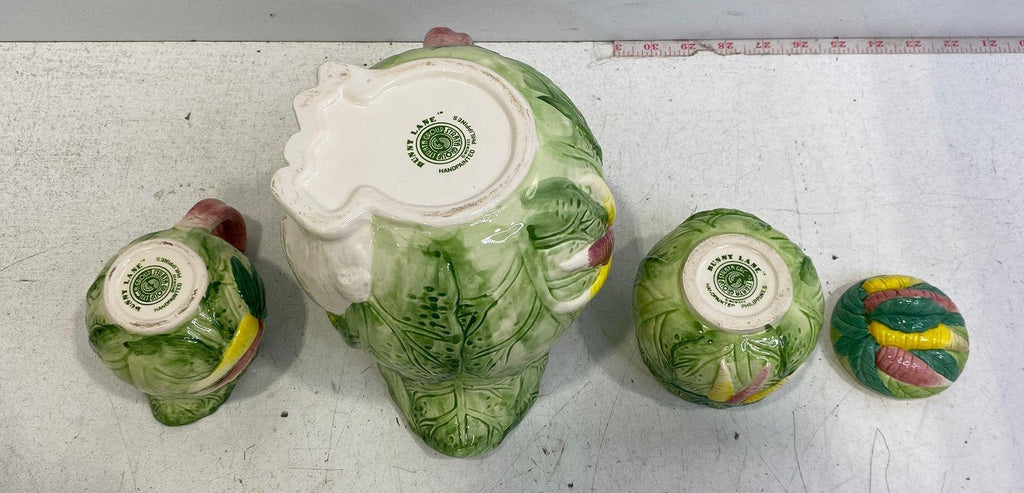 Bunny Lane Green Ceramic Cabbage Tea Set with Rabbit and Carrot Motifs