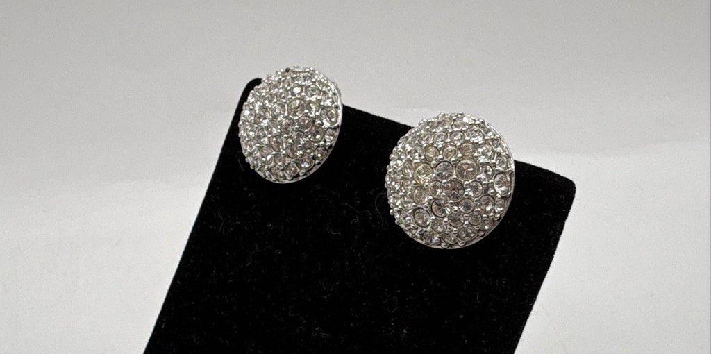 Vintage Swarovski Silver-Tone Pavé Crystal Dome Clip-On Earrings