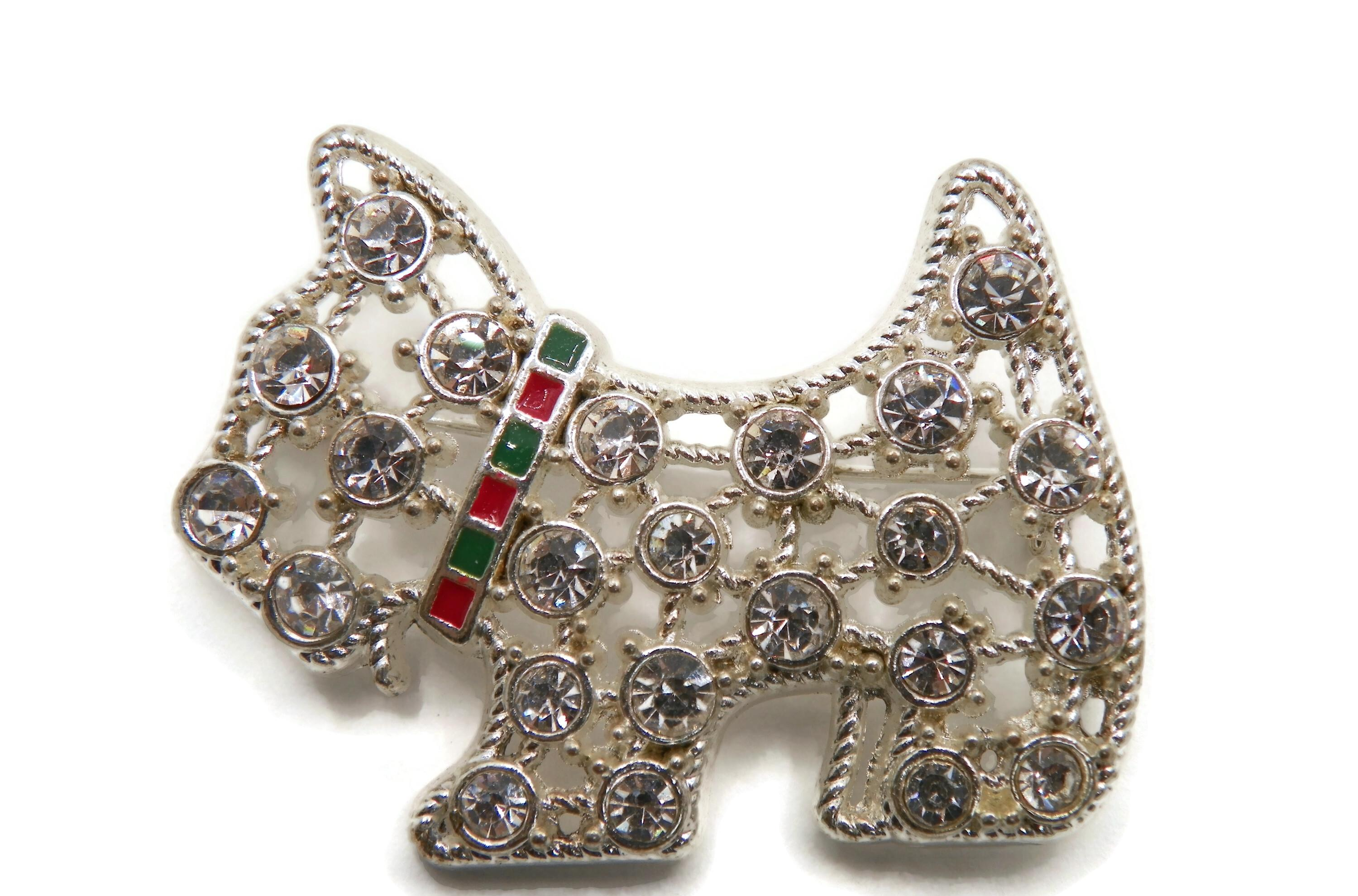 Silver-Tone Rhinestone Scottish Terrier Scottie Dog Brooch with Enamel Collar