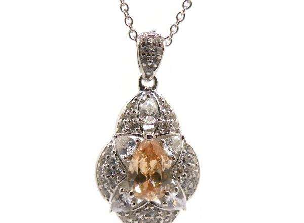 Silver-Tone Simulated Citrine Pavé Flower Pendant Necklace