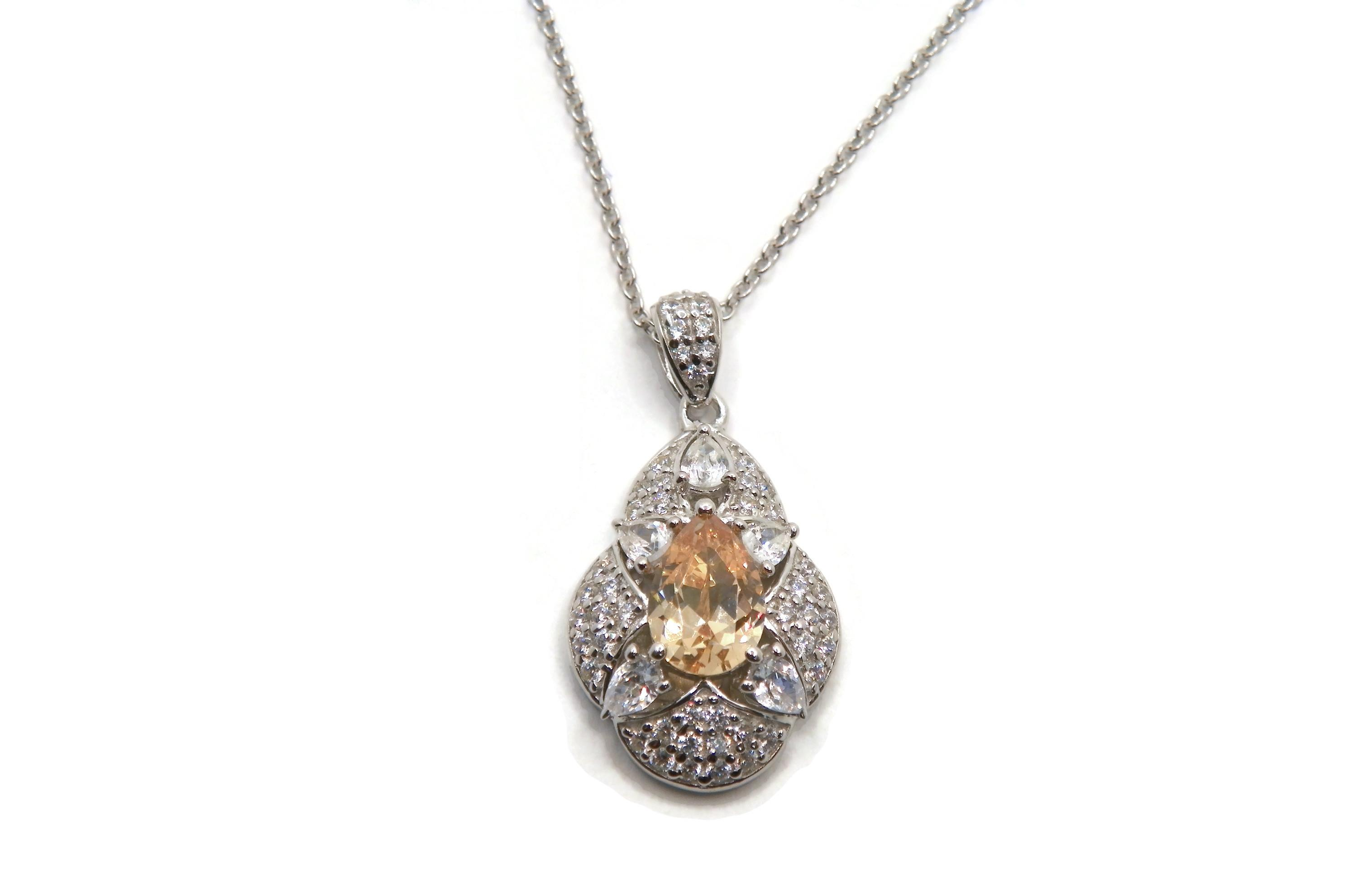 Silver-Tone Simulated Citrine Pavé Flower Pendant Necklace