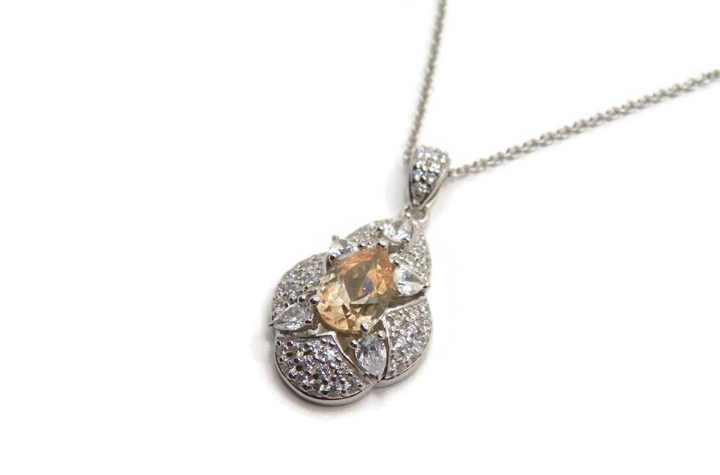 Silver-Tone Simulated Citrine Pavé Flower Pendant Necklace