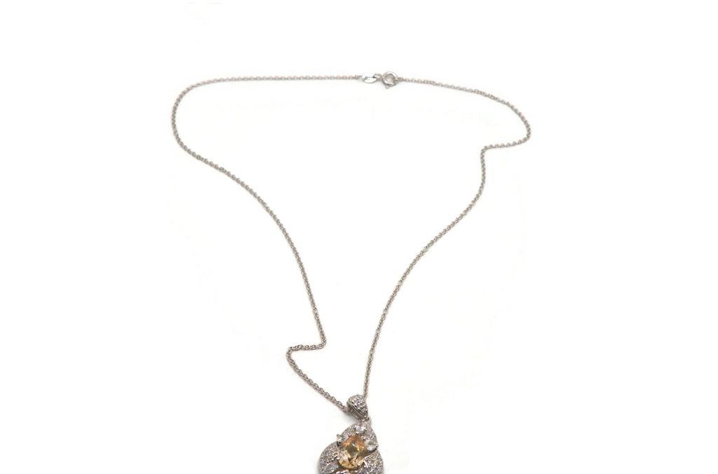 Silver-Tone Simulated Citrine Pavé Flower Pendant Necklace