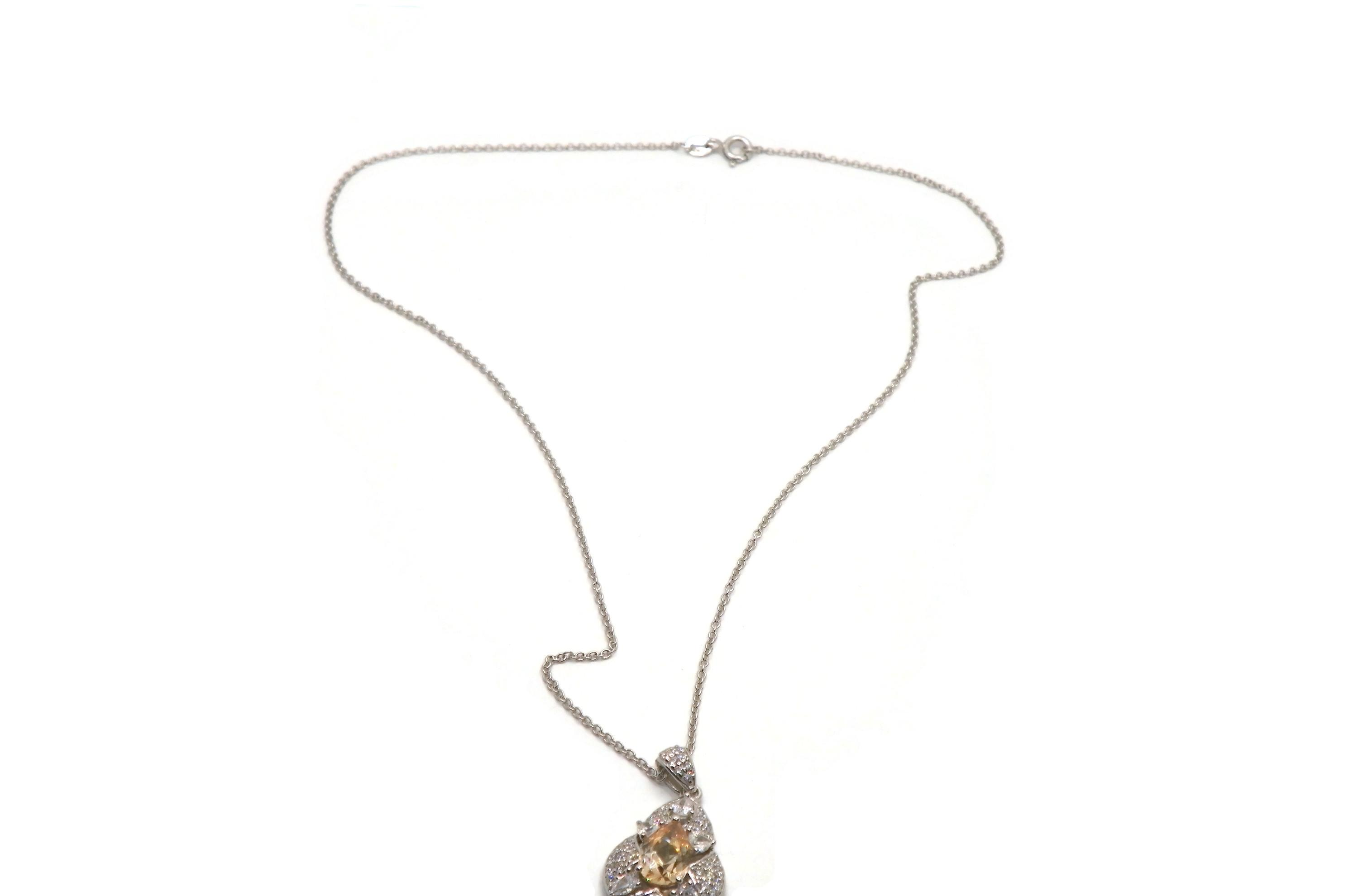Silver-Tone Simulated Citrine Pavé Flower Pendant Necklace