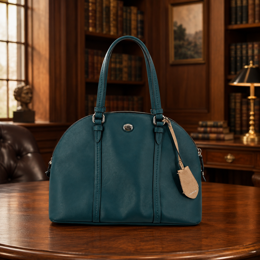 Coach Teal Green Bleecker Leather Dome Satchel Bag Silver Hardware COA