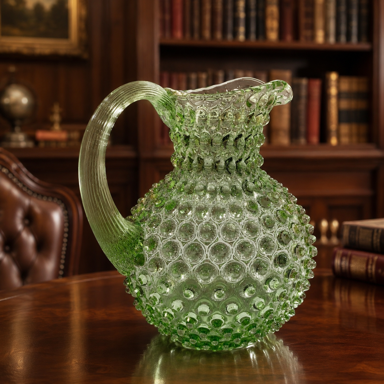 Hand-Blown Green Hobnail Crystal Jug
