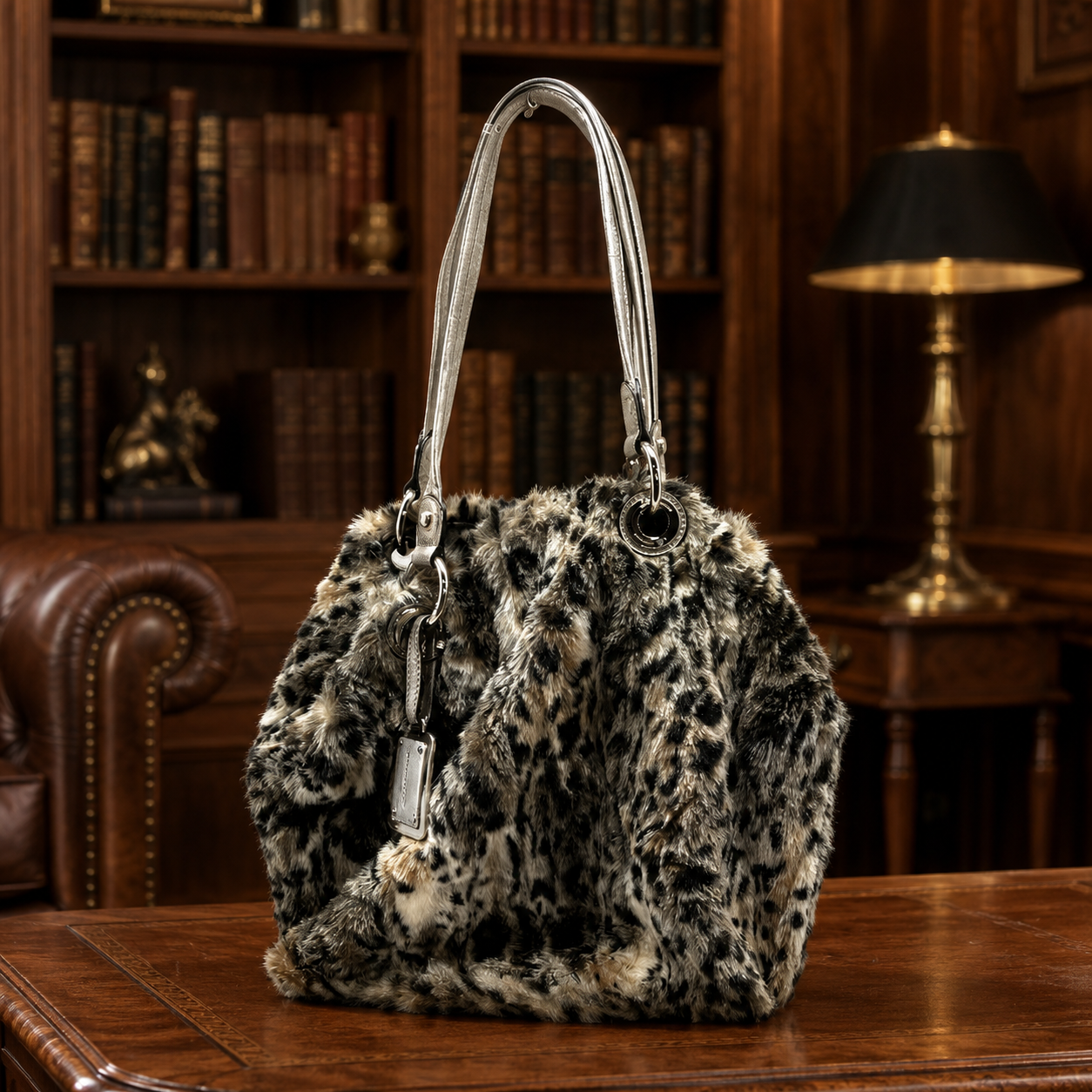 Makowsky Grey Black White Leopard Print Faux Fur Shoulder Bag