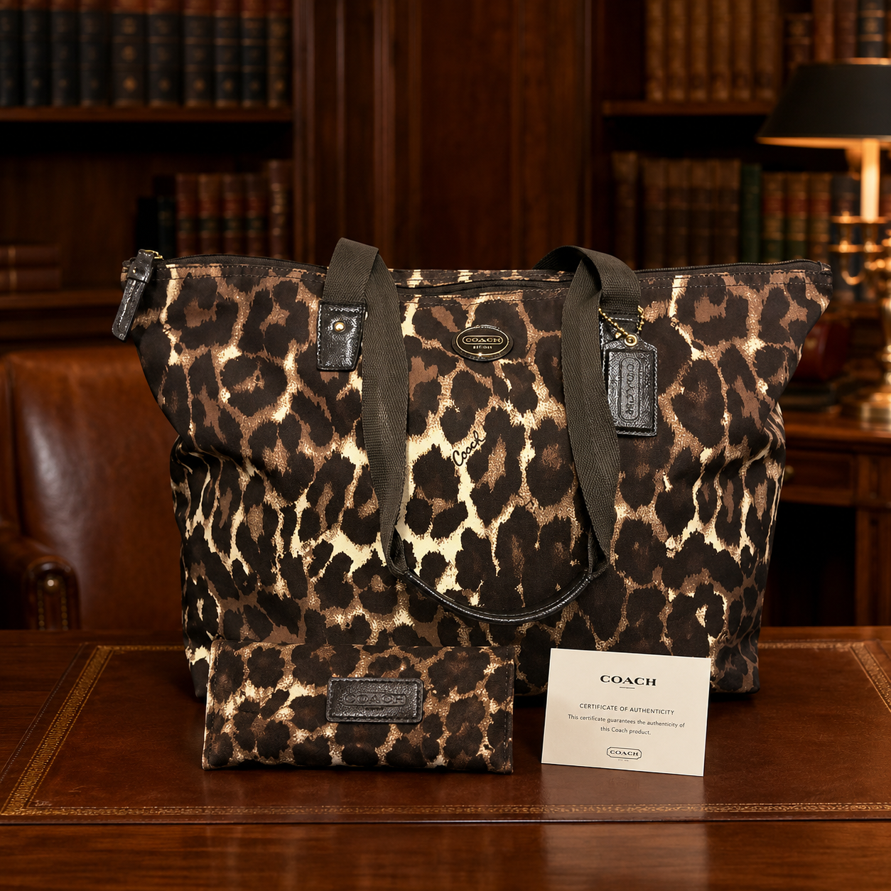 Coach Leopard Print Nylon Packable Weekender Tote & Pouch with Certificate of Authenticity