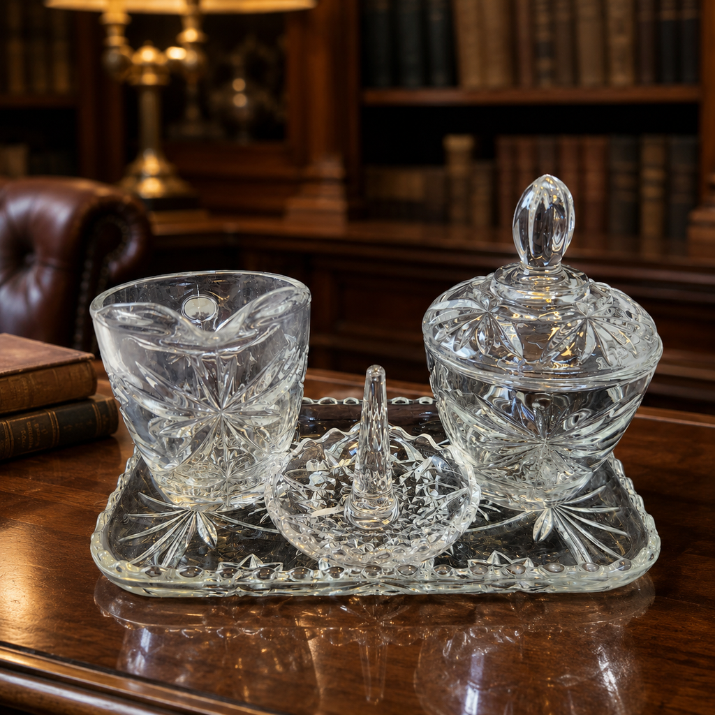 Vintage Pressed Glass Vanity Set Starburst Floral Cut Tray Jar Creamer Ring
