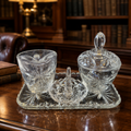 Vintage Pressed Glass Vanity Set Starburst Floral Cut Tray Jar Creamer Ring