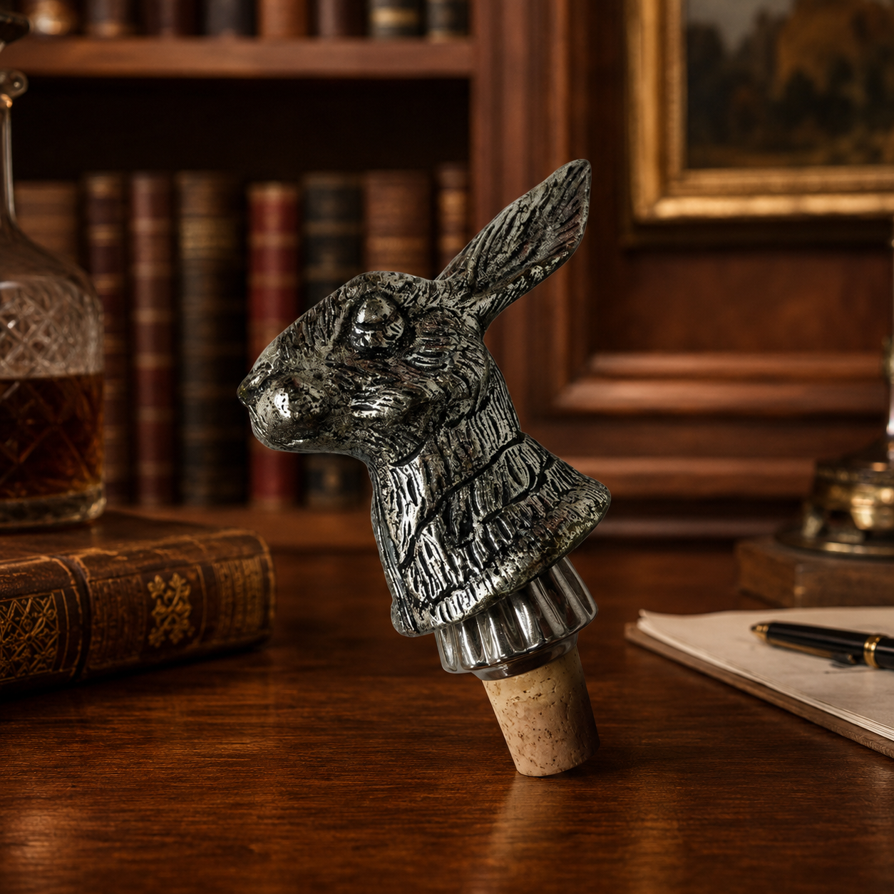 Vintage Style Metal Wild Hare Wine Stopper with Reusable Cork