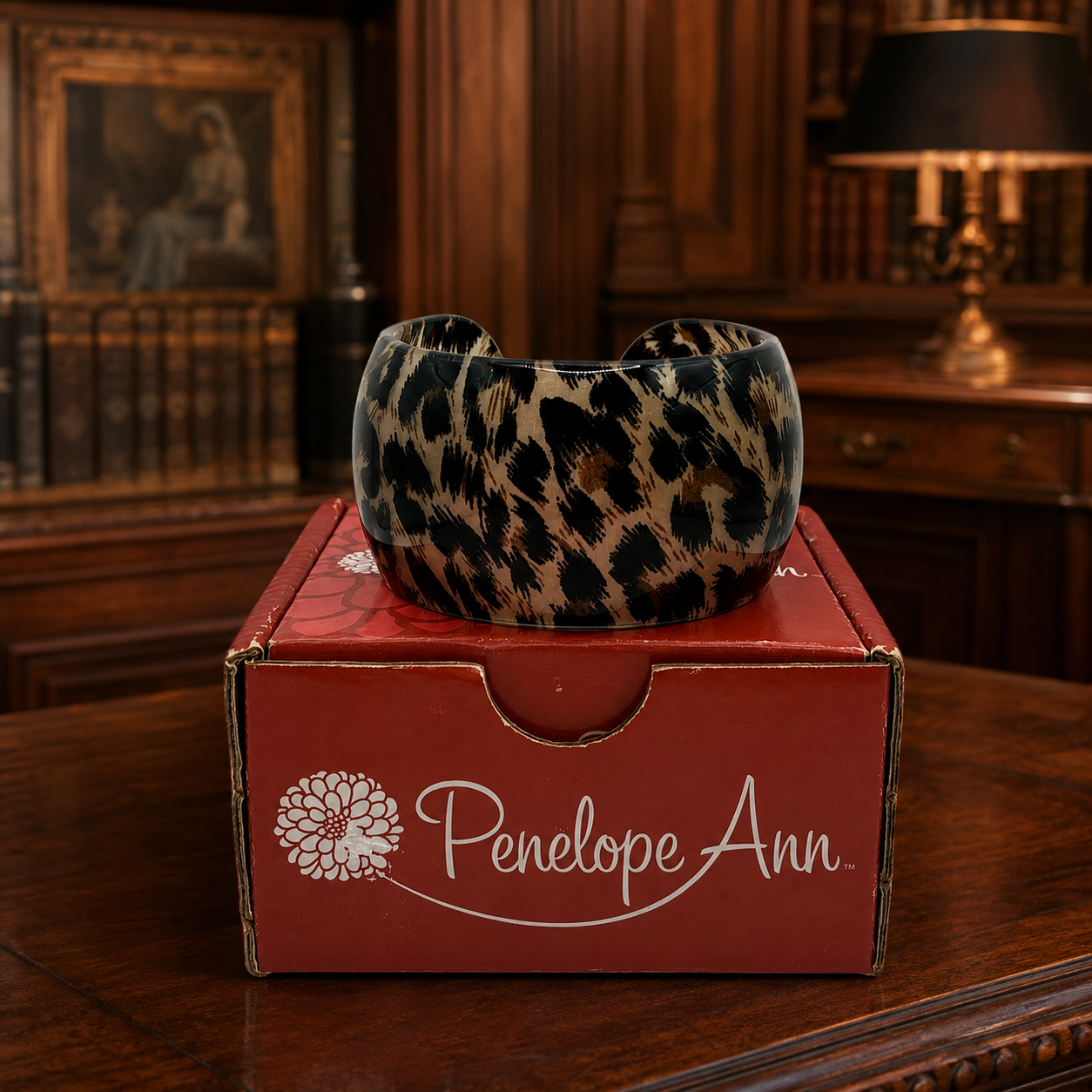 Penelope Ann Nakura Cat Leopard Print Resin Statement Cuff Bracelet 1.6" Wide