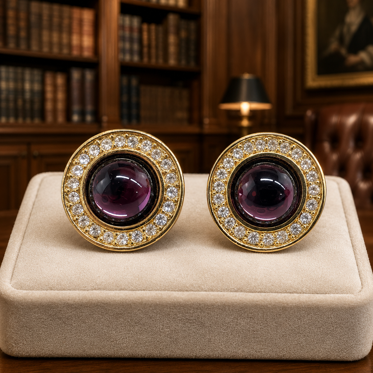 Vintage Monet Gold-Tone Purple & Clear Stone Clip-On Earrings