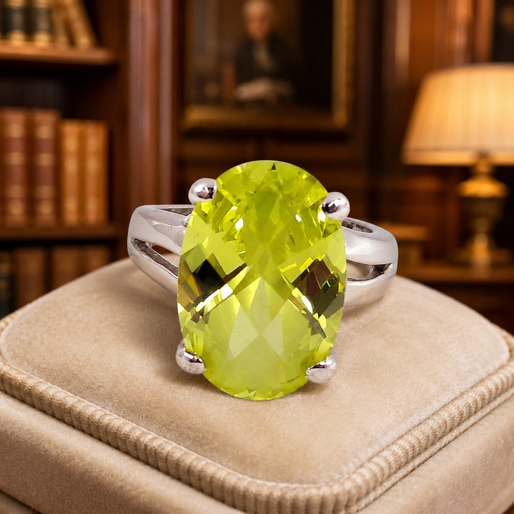 Silver-Tone Lime Green Cubic Zirconia Oval Statement Ring, Size 5.75