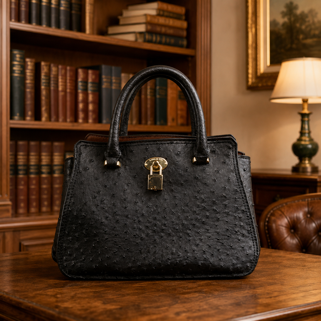 London Fog Black Faux Ostrich Satchel Handbag with Padlock