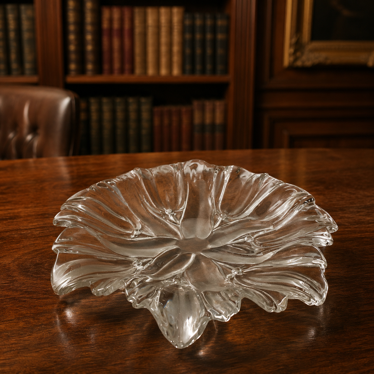 Clear Glass Crystal Flower-Shaped Serving Bowl or Platter