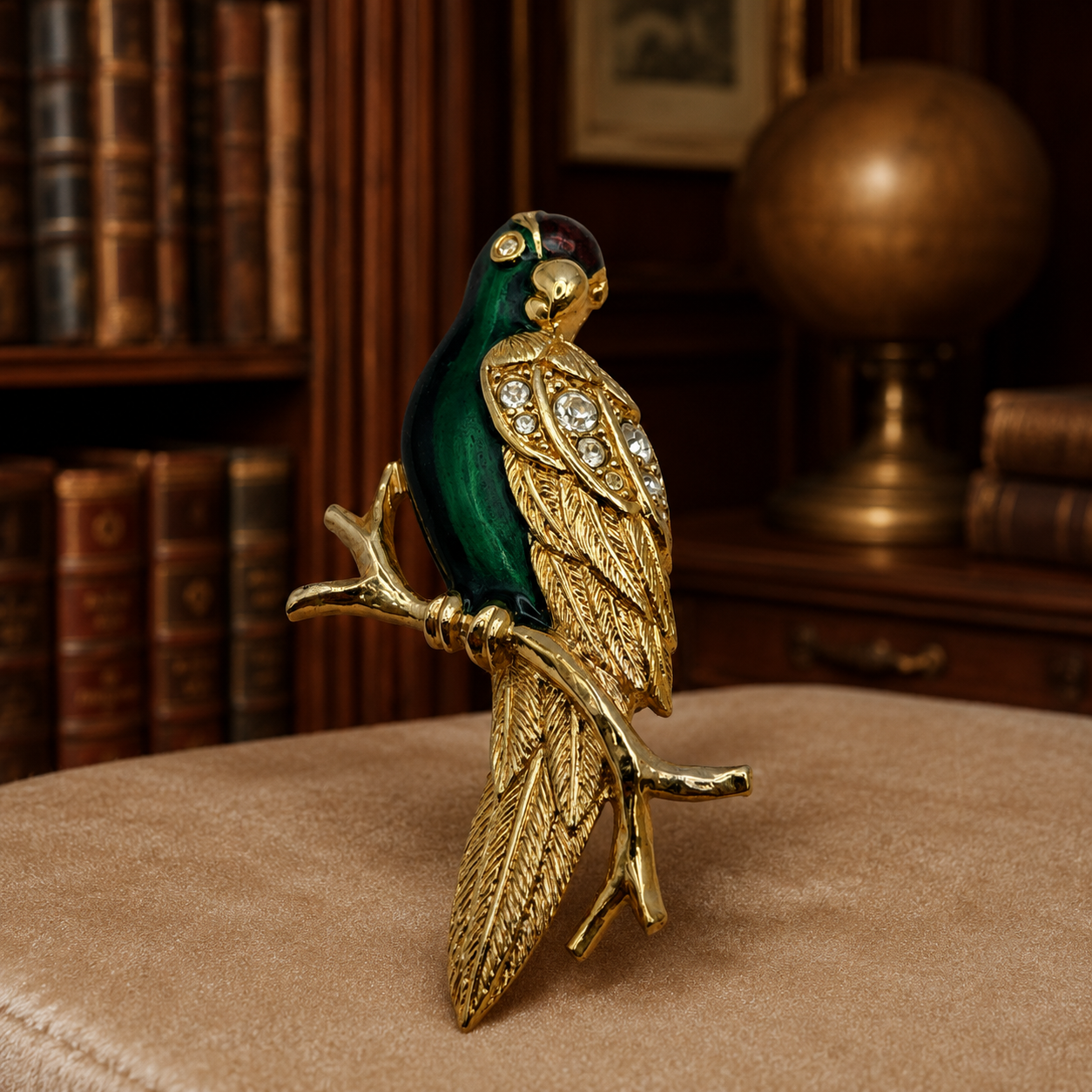 Vintage Avon Gold Tone Green Enamel Parrot Bird Brooch Rhinestone Pin 2.5"