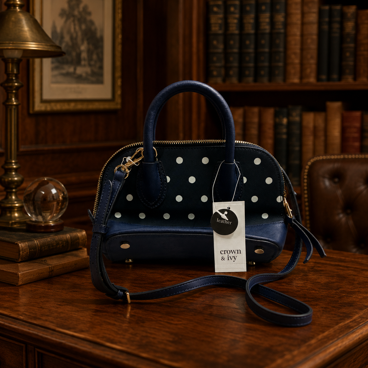 Crown & Ivy Navy Blue White Polka Dot Leather Satchel Crossbody Bag