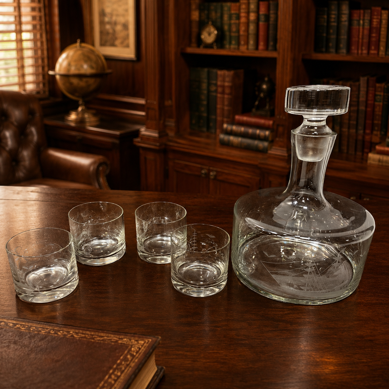 Clear Etched Ship Decanter Set Four Glasses Nautical Barware Glass