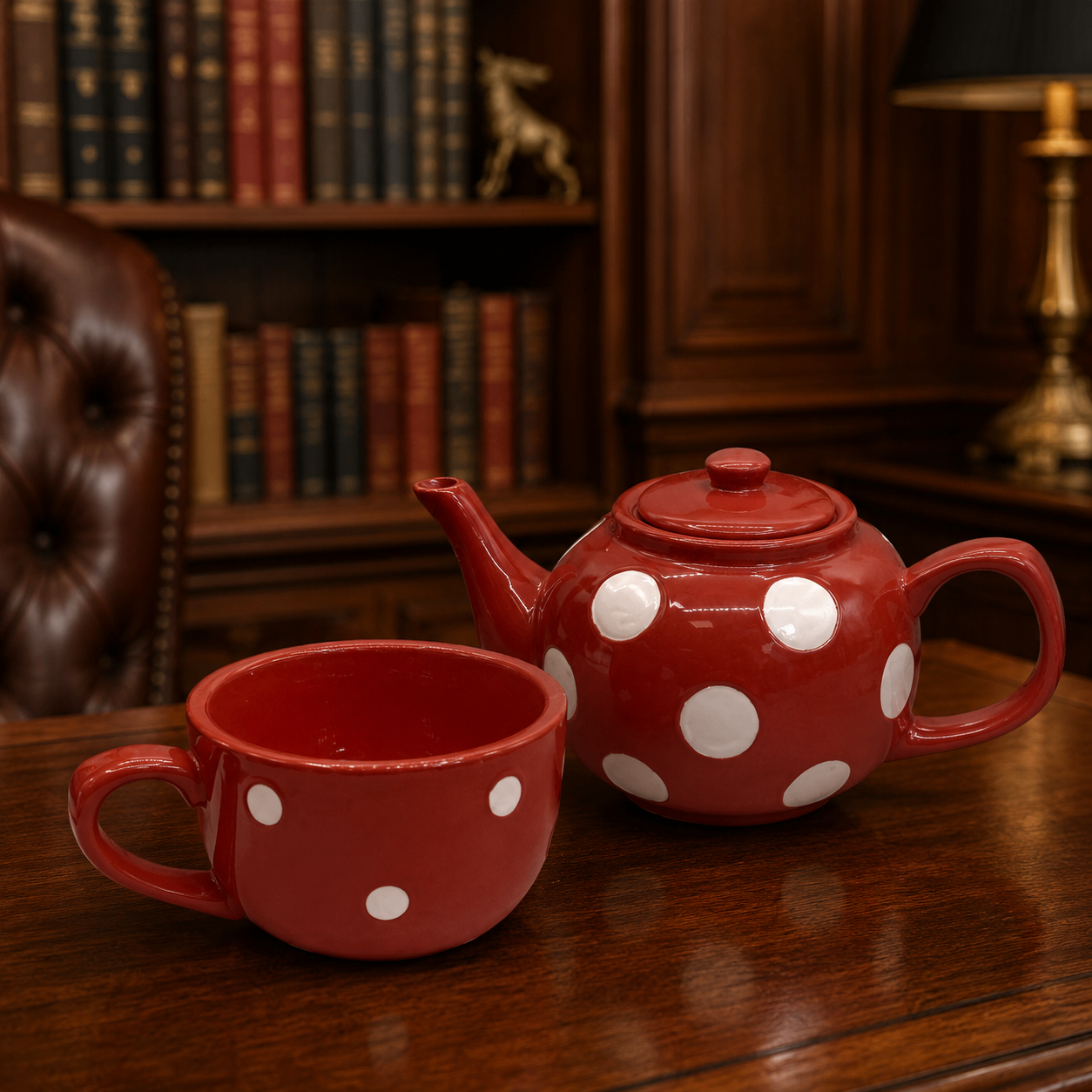 Mad Dot Company Terramoto Red Polka Dot Ceramic Teapot & Cup Set