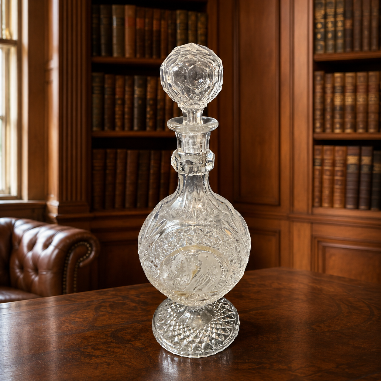 Cut Glass Decanter with Stopper and Bird Motif