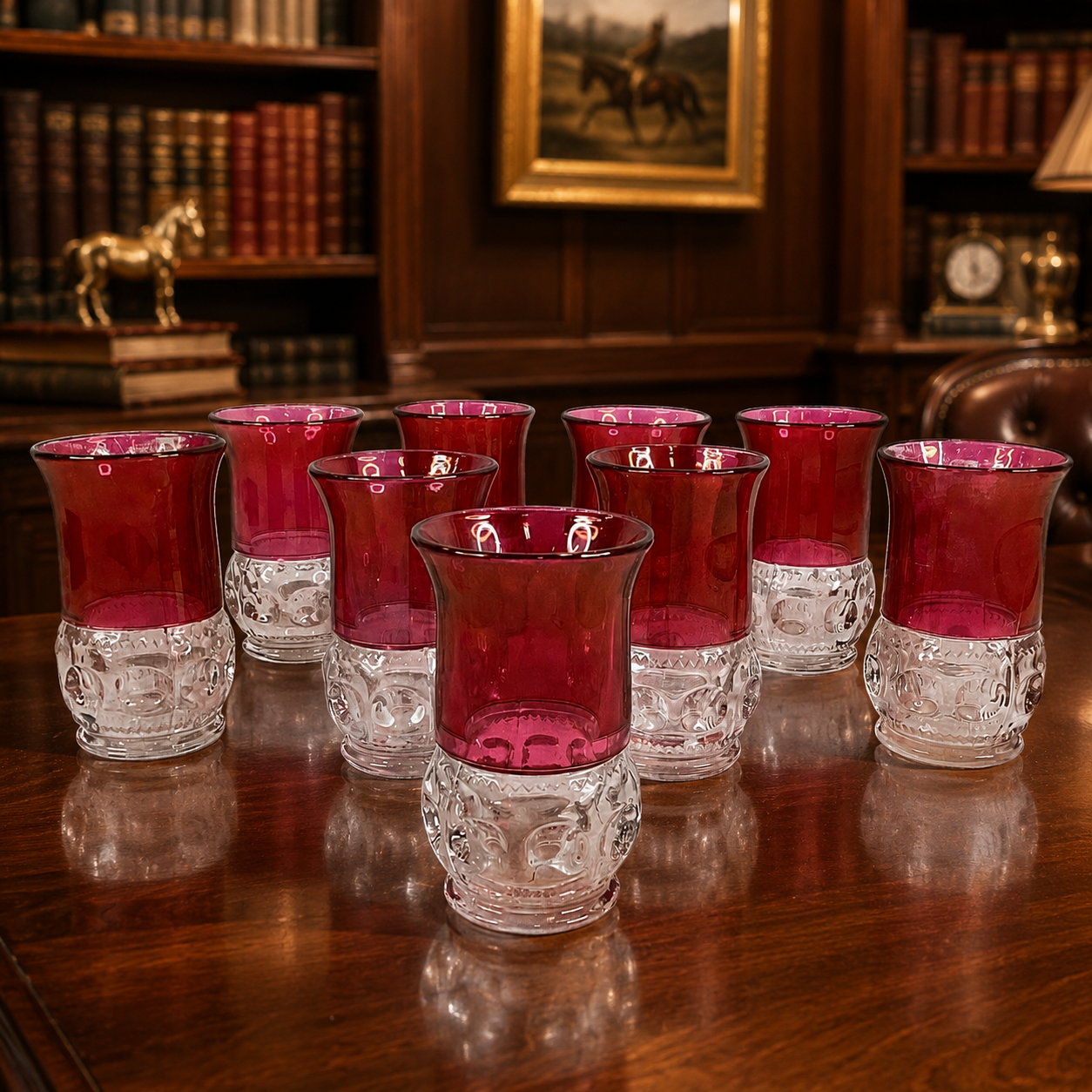 Pressed Glass Ruby Red Clear Thumbprint Pattern Juice Glasses Set 9 Vintage 4In