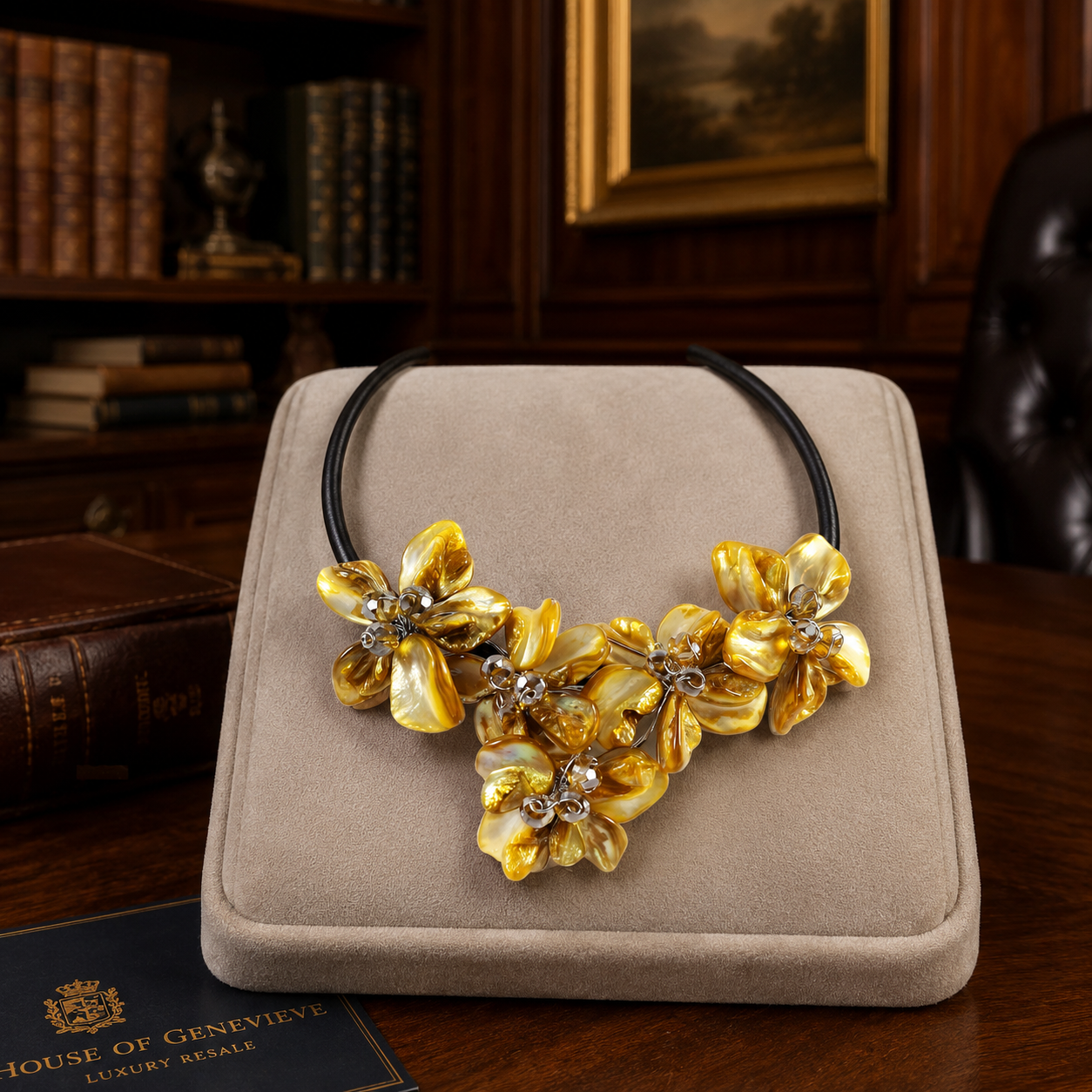 Silvertone Wire-Wrapped Yellow Mother of Pearl Flower Statement Necklace