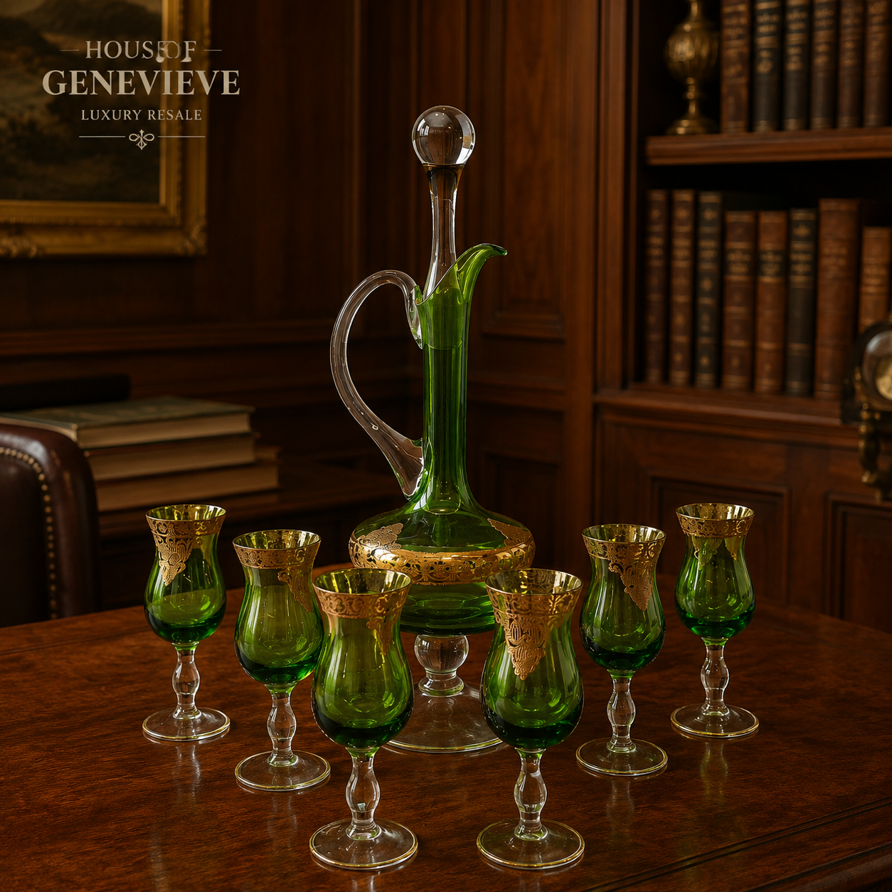 Vintage Green Glass Gold Gilded Decanter Set with 6 Stemmed Glasses
