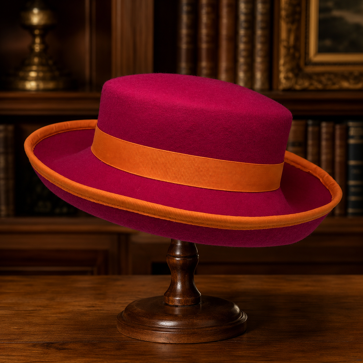 Pink Wool Felt Hat with Orange Ribbon by Bollman Hat Co