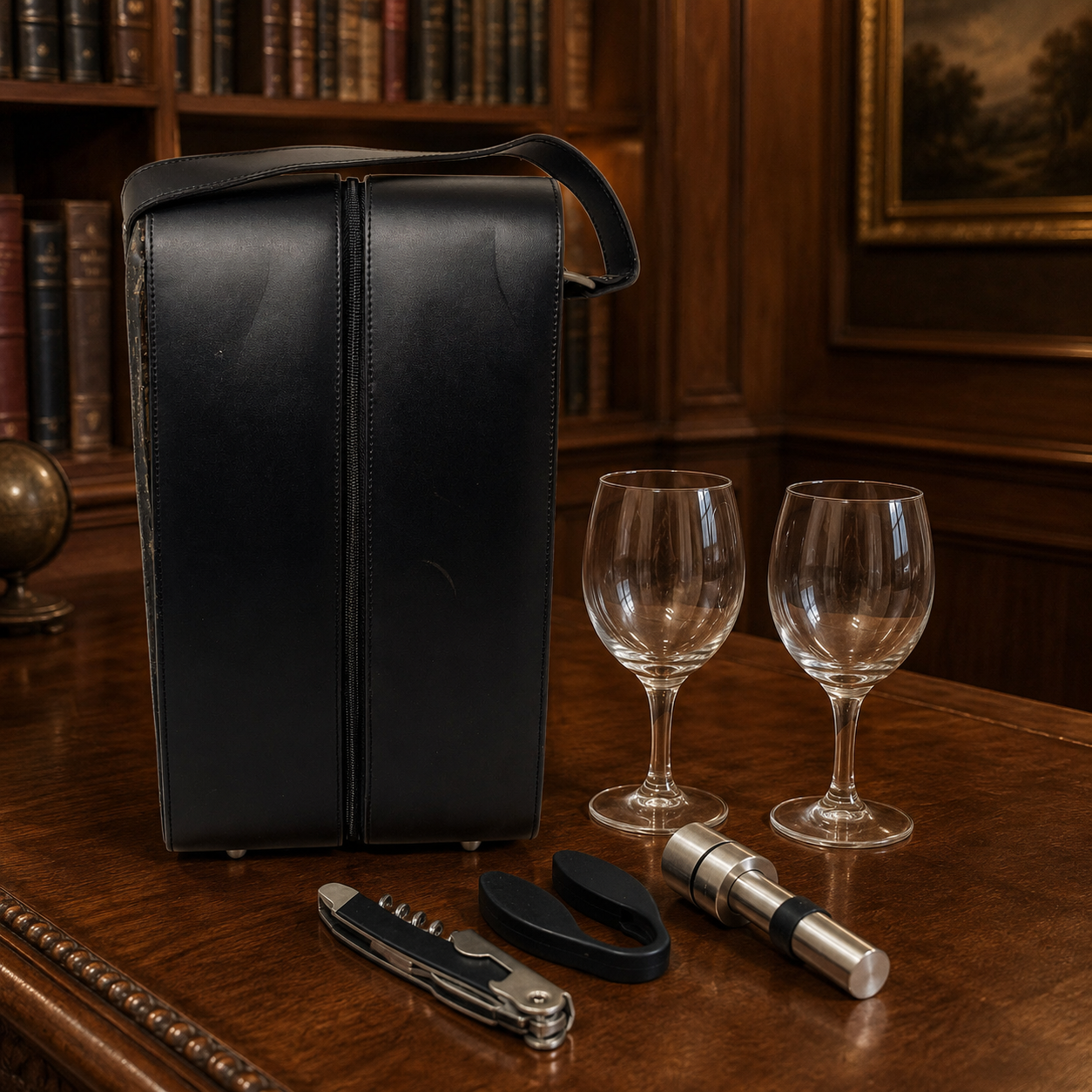 Brookstone Leather Wine Travel Case with Glasses & Bar Tools