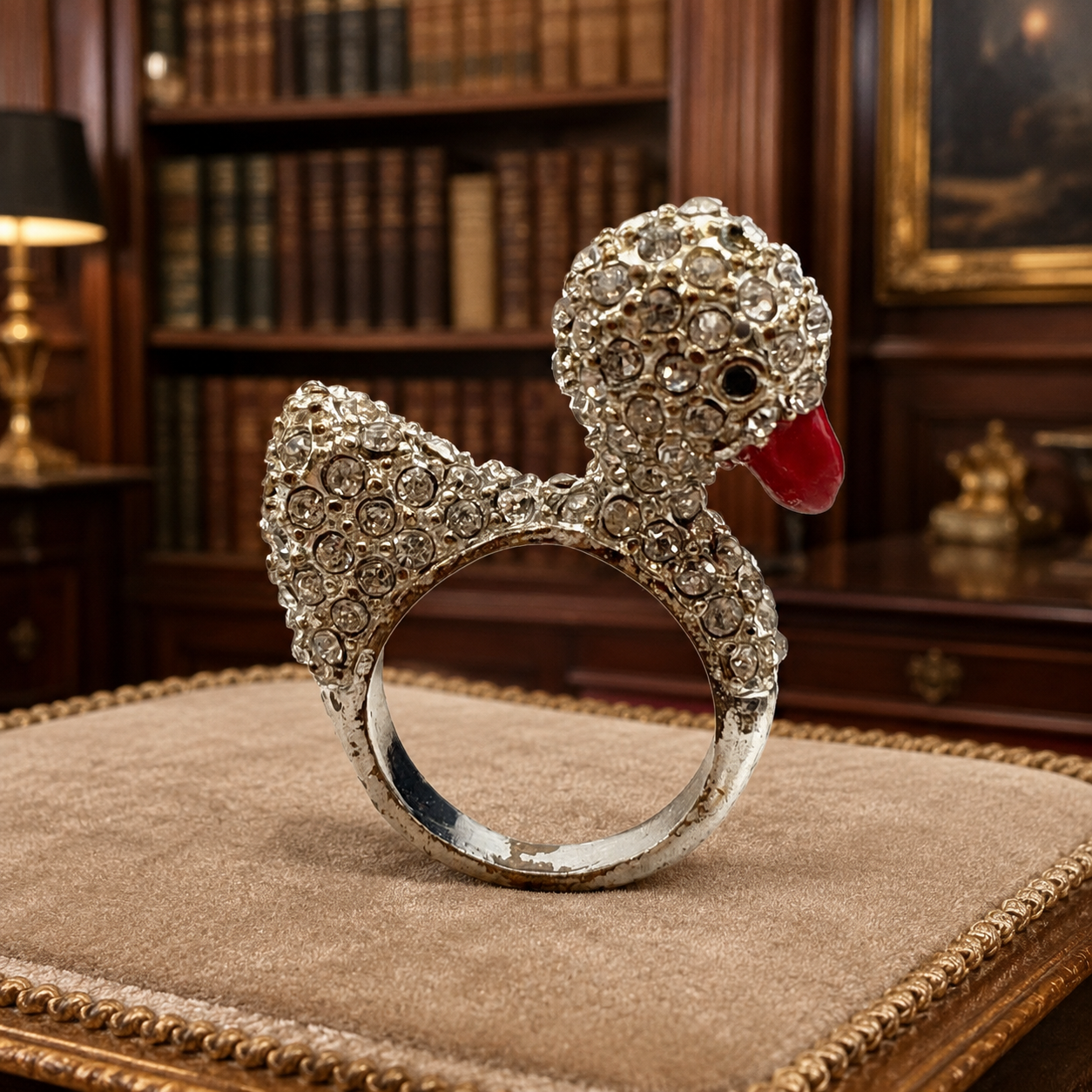 Vintage Silver Tone Icy Rhinestone Enamel Figural Duck Ring 11.9g SZ 5.75