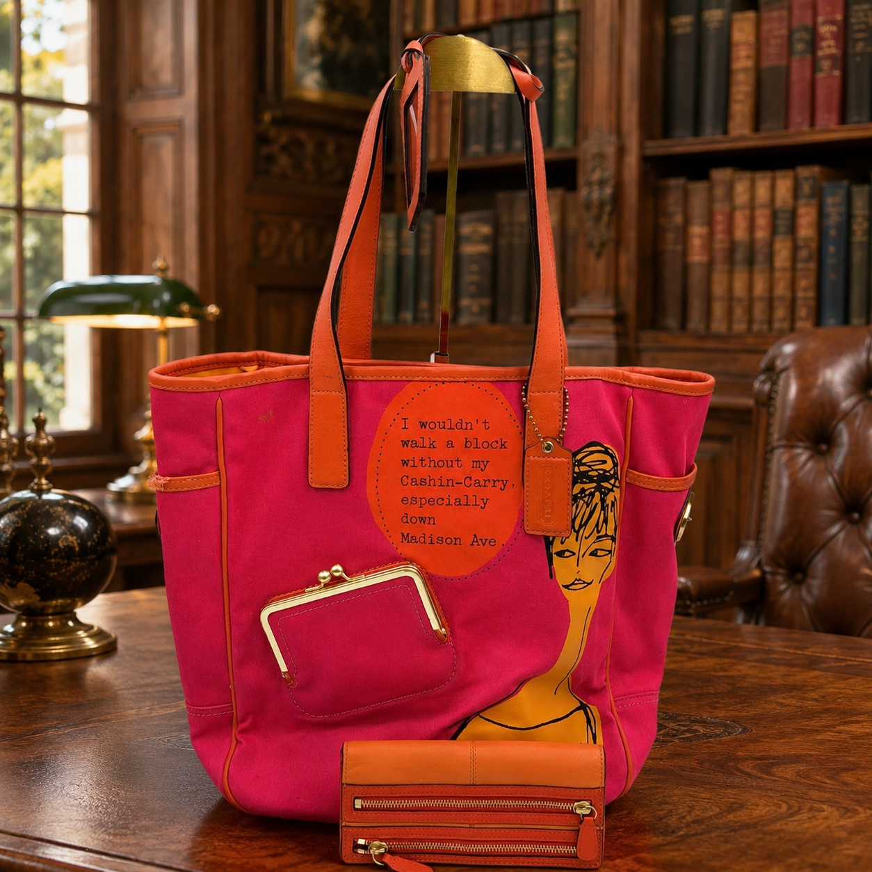 Coach Pink Orange Bonnie Cashin Illustration Canvas Tote Bag & Wallet Set COA