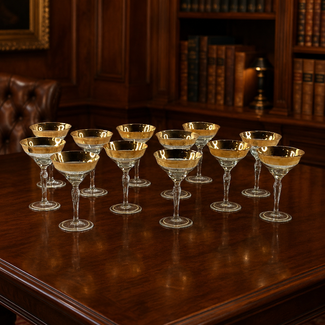 Vintage Gold Band Rim Champagne Coupes 12 Piece Set Sherbet Glasses 4.25 Inch