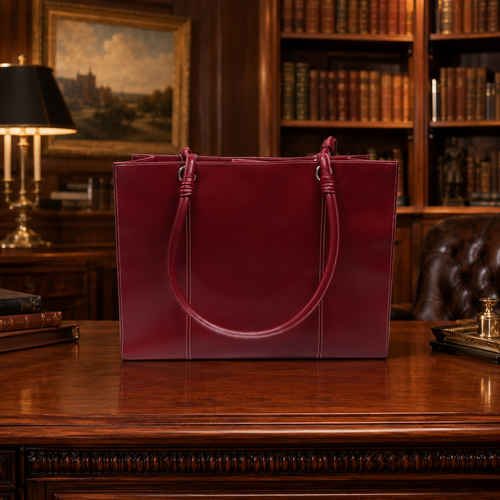 Black Rivet Red Leather Tote Bag, (16" x 5" x 12") [C32]