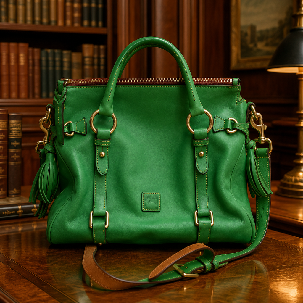 Dooney & Bourke Green Leather Satchel Handbag Crossbody Brass Hardware