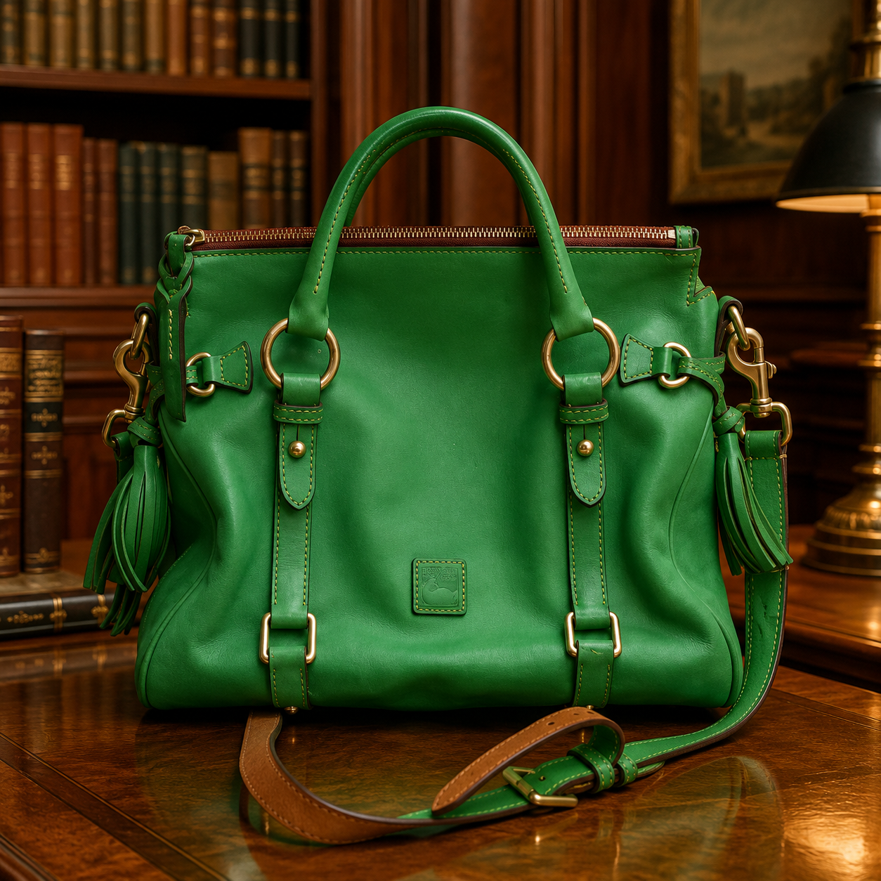 Dooney & Bourke Green Leather Satchel Handbag Crossbody Brass Hardware