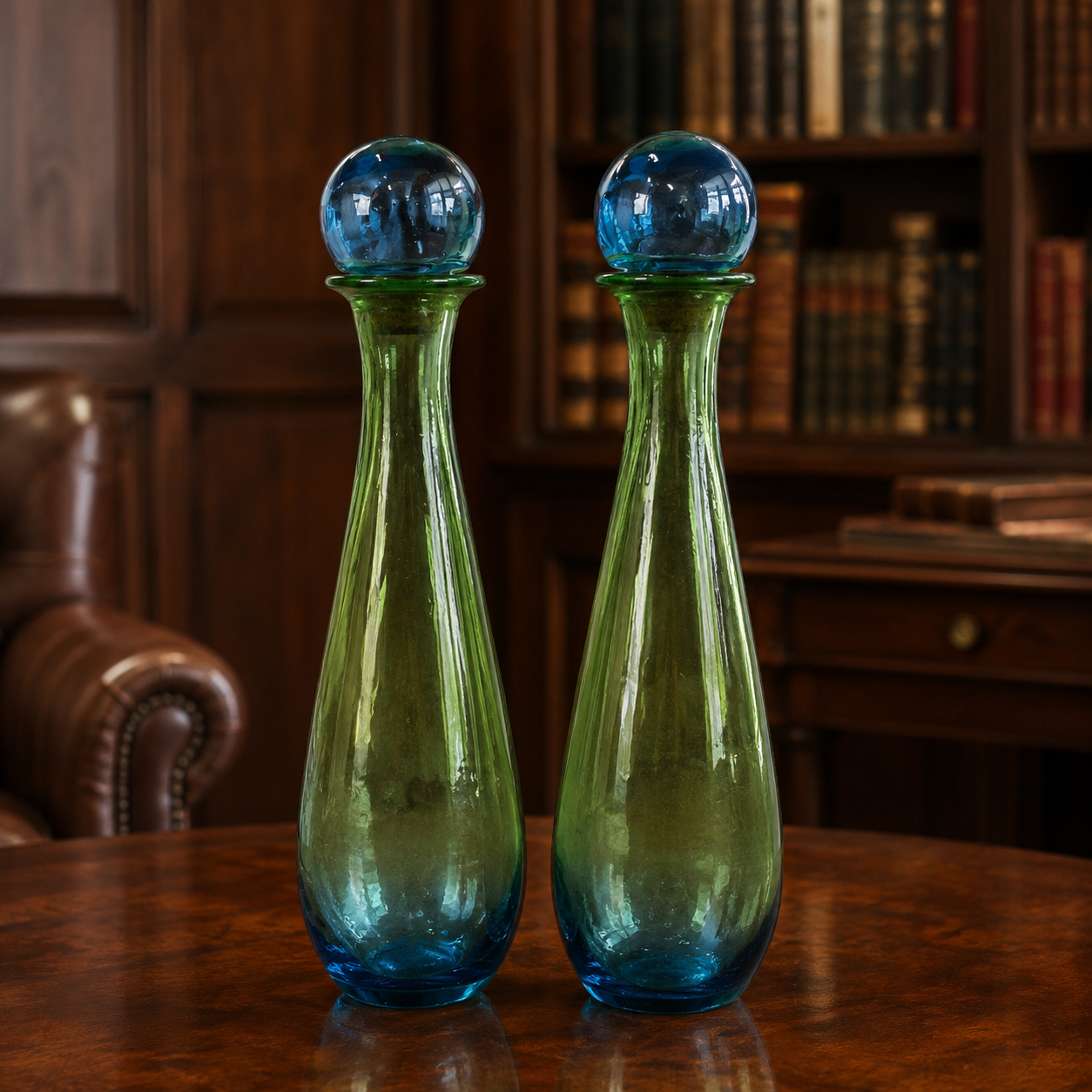 2 Vintage Green Art Bubble Glass Decanter w/ Stoppers