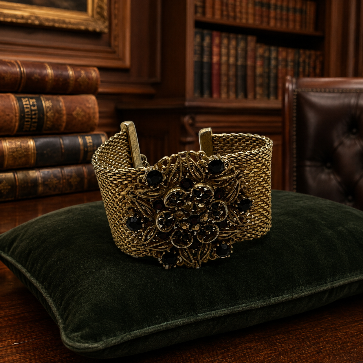 Vintage Gold-Tone Ornate Rhinestone Mesh Link Toggle Bracelet