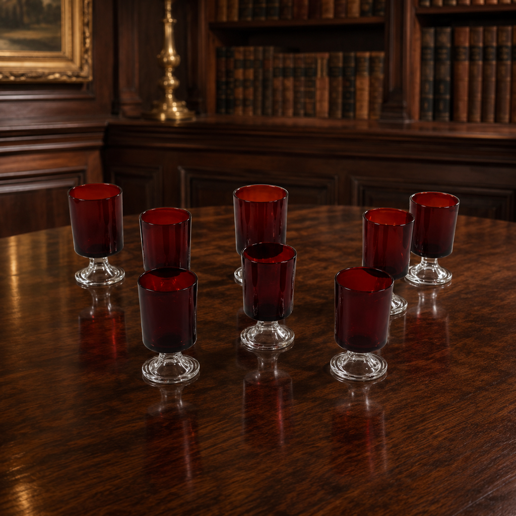 France Ruby Red Stemmed Glass Set of 8 Juice Wine Glasses Vintage Barware