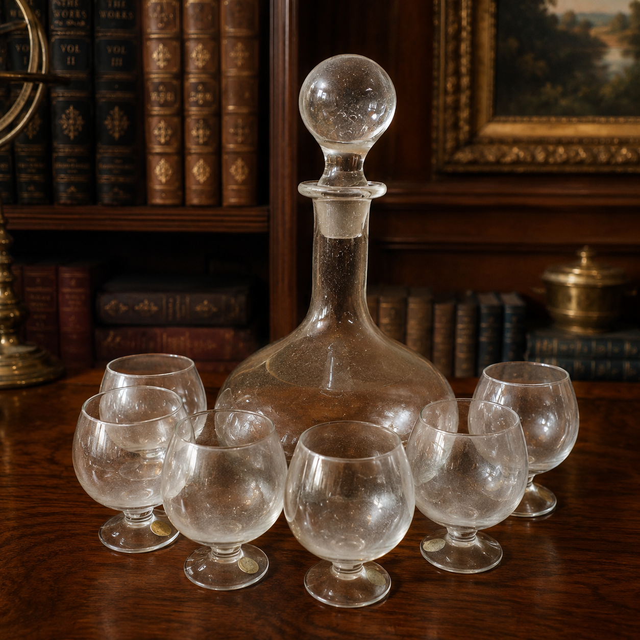 Vintage Clear Glass Decanter Set Etched Sailing Ship 1 Decanter 6 Glasses
