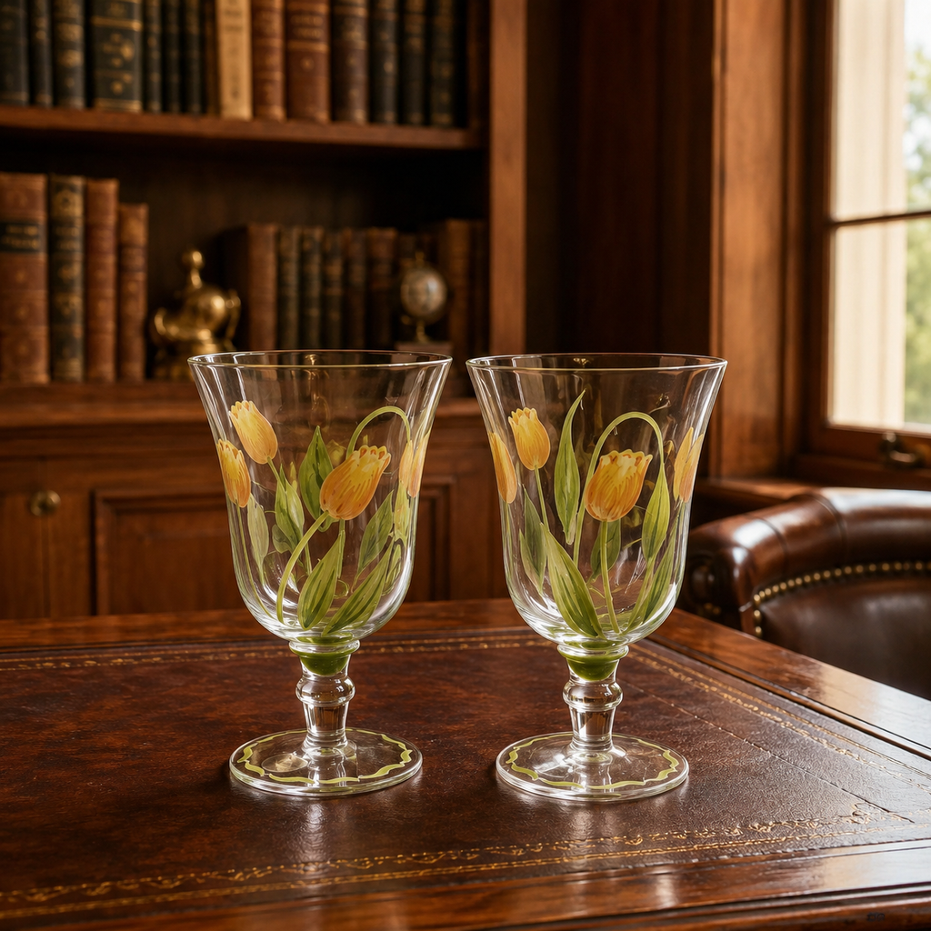Set of 2 Princess House Cottage Tulip Goblets Hand Painted Glass 6.5 Inch