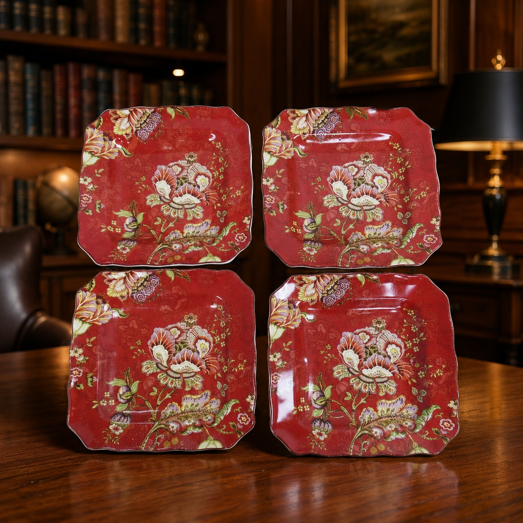 222 Fifth Winter Floral Red Square Salad Plates Set of 4