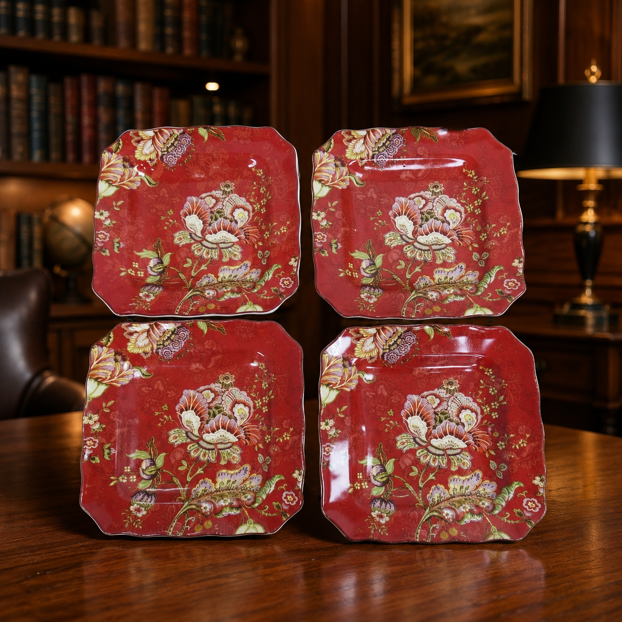 222 Fifth Winter Floral Red Square Salad Plates Set of 4